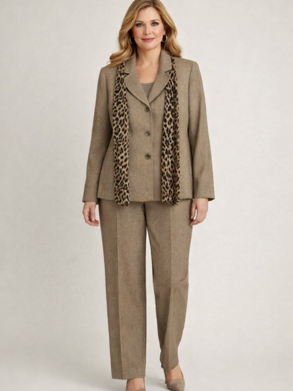 Suit Studio 2Piece Pant Suit with Scarf Taupe Size 14